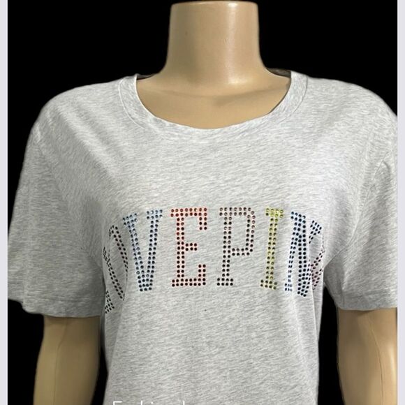 Victoria’s Secret Pink bling Rhinestone Logo Short Sleeve T-shirt Light Gray - Picture 1 of 5